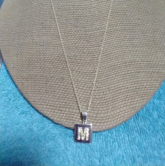 M initial crystal square necklace silvertone vintage - Picture 1 of 4